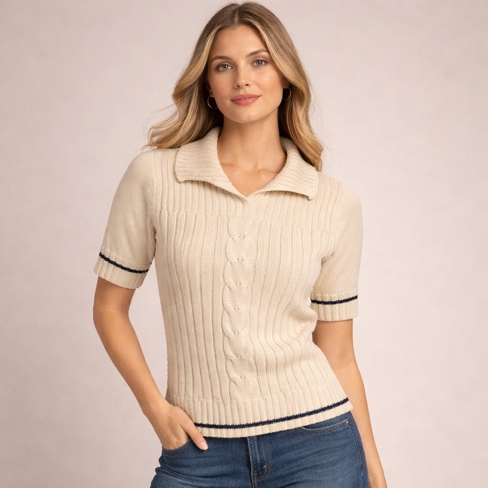 Liz Claiborne LizSport Petite Cable Knit Collared Sweater Top PS
